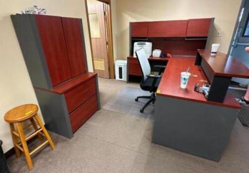 DESCRIPTION: L-SHAPED DESK WITH HUTCH AND FILING CABINETS QTY: 1