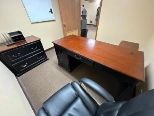 DESCRIPTION: WOODEN DESK AND FILING CABINET QTY: 1