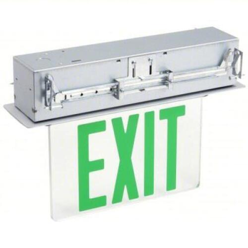 DESCRIPTION: (1) EXIT SIGN WITH BATTERY BACK UP BRAND/MODEL: LUMAPRO #53RH97 INFORMATION: CLEAR AND GREEN SIGN, SILVER BASE SIZE: ALUMINUM, UNIVERSAL