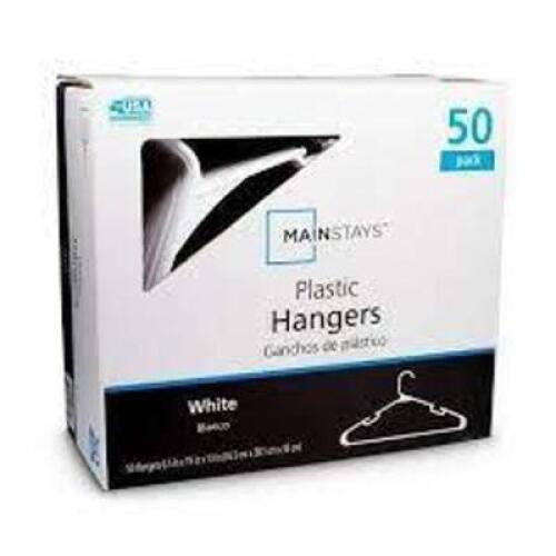 DESCRIPTION: (2) PACKS OF (50) PLASTIC HANGERS BRAND/MODEL: MAINSTAYS INFORMATION: WHITE RETAIL$: $10.00 EA QTY: 2