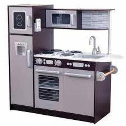 DESCRIPTION: (1) UPTOWN PLAY KITCHEN BRAND/MODEL: KIDKRAFT/53388 INFORMATION: ESPRESSO & SILVER/30-PIECES SIZE: 43"L X 17.75"W X 41"H RETAIL$: 199.99