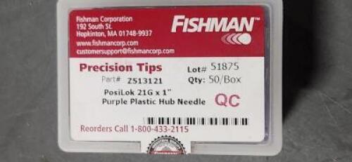 DESCRIPTION: (4) BOXES OF (50)POSILOK 21Gx1 PURPLE PLASTIC HUB NEEDLE BRAND/MODEL: FISHMAN Z513121 SIZE: 1" RETAIL$: $70,81 PER BOX QTY: 4