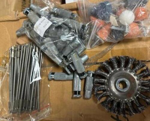 PALLET AND CONTENTS - APPROX 10 ASSORTED CASE OF BITS, WIRE WHEEL BRUSHES, DREMEL SANDING BITS.