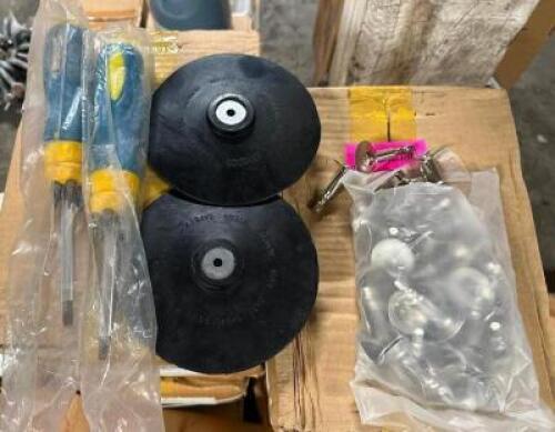 PALLET AND CONTENTS - APPROX 12 ASSORTED CASE OF SCREW DRIVER, RUBBER BACKINGS, AND ARBOR BITS