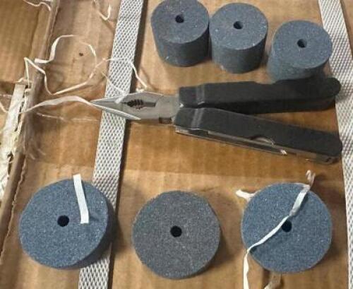 PALLET AND CONTENTS - APPROX 16 ASSORTED CASE OF MULTI TOOLS, STONE GRINDING WHEEL