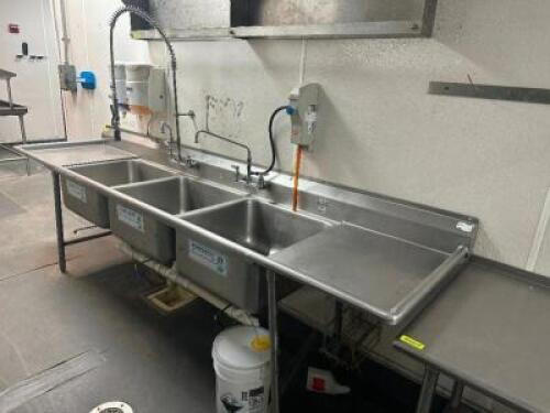 DESCRIPTION: 126" THREE WELL STAINLESS POT SINK W/ LEFT AND RIGHT DRY BOARDS. ADDITIONAL INFORMATION W/ SPRAYER AND CHEM STATION SIZE 126" LOCATION: K