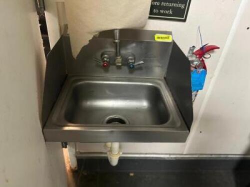 DESCRIPTION: WALL MOUNTED STAINLESS HAND SINK ADDITIONAL INFORMATION W/ TOWEL AND SOAP DISPENSER LOCATION: KITCHEN QTY: 1