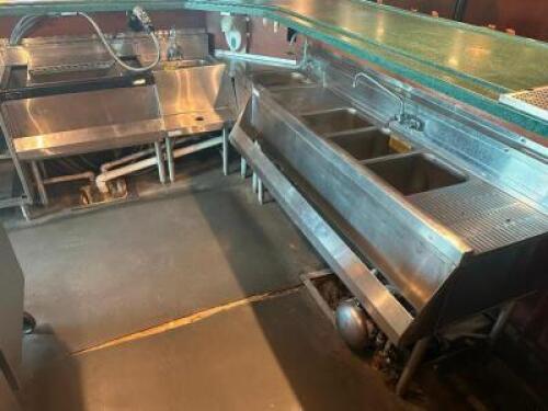 DESCRIPTION: (6) PIECE " L " SHAPED STAINLESS UNDER BAR LINE. W/ DRY BOARD, 22" ICE KEEPER W/SODA WAND, (2) HAND SINKS, AND (1) THREE WELL BAR SINK. A
