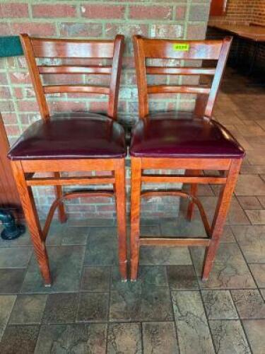 DESCRIPTION: (2) 30" LADDER BACK WOODEN BAR STOOLS W/ MAROON PADDED SEATS LOCATION: BAR THIS LOT IS: SOLD BY THE PIECE QTY: 2