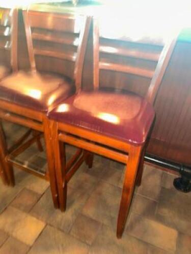 DESCRIPTION: (2) 30" LADDER BACK WOODEN BAR STOOLS W/ MAROON PADDED SEATS LOCATION: BAR THIS LOT IS: SOLD BY THE PIECE QTY: 2
