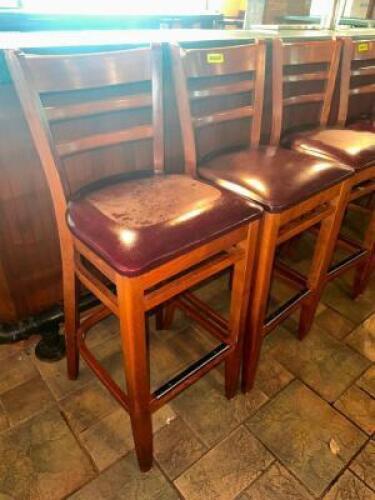 DESCRIPTION: (2) 30" LADDER BACK WOODEN BAR STOOLS W/ MAROON PADDED SEATS LOCATION: BAR THIS LOT IS: SOLD BY THE PIECE QTY: 2