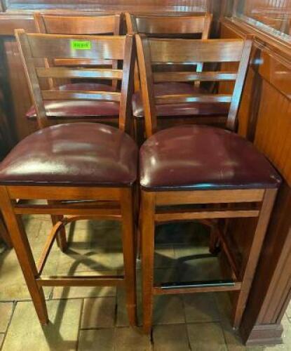 DESCRIPTION: (4) 30" LADDER BACK WOODEN BAR STOOLS W/ MAROON PADDED SEATS LOCATION: BAR THIS LOT IS: SOLD BY THE PIECE QTY: 4