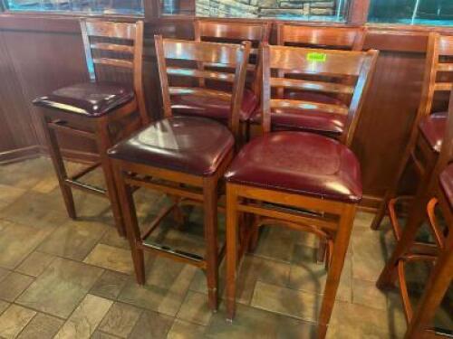 DESCRIPTION: (5) 30" LADDER BACK WOODEN BAR STOOLS W/ MAROON PADDED SEATS LOCATION: BAR THIS LOT IS: SOLD BY THE PIECE QTY: 5