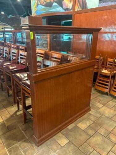 DESCRIPTION: APPROX 40' OF 62" WOOD PANEL PARTITION W/ GLASS INSERTS ON TOP. ADDITIONAL INFORMATION "J" SHAPED LOCATION: BAR QTY: 1