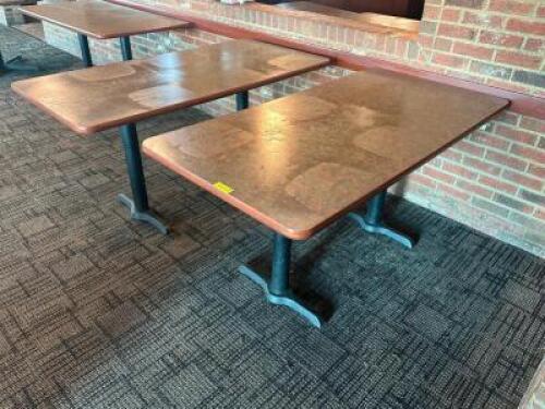 DESCRIPTION: (3) 60" X 30" COMPOSITE TOP TABLES W/ DOUBLE PEDESTAL BASES. SIZE 60" X 30" LOCATION: BAR THIS LOT IS: SOLD BY THE PIECE QTY: 3