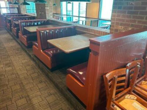 DESCRIPTION: (5) SECTION 42" BOOTH SEATING PACKAGE W/ TABLES. ADDITIONAL INFORMATION (2) END CAPS AND (4) DOUBLES SIZE 42" LOCATION: MAIN SEATING THIS