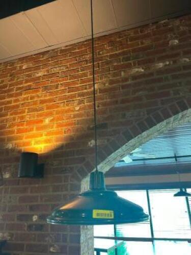 DESCRIPTION: (5) PENDANT TRACK LIGHTS W/ GREEN METAL SHADES. ADDITIONAL INFORMATION LADDER REQUIRED FOR REMOVAL LOCATION: MAIN SEATING THIS LOT IS: SO