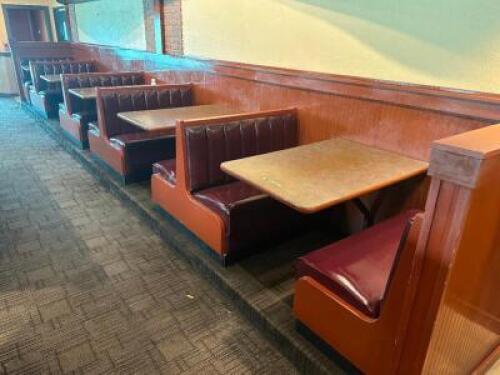 DESCRIPTION: (5) SECTION 42" BOOTH SEATING PACKAGE W/ TABLES. ADDITIONAL INFORMATION (2) END CAPS AND (4) DOUBLES SIZE 42" LOCATION: MAIN SEATING THIS