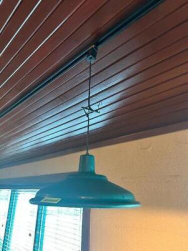 DESCRIPTION: (7) PENDANT TRACK LIGHTS W/ GREEN METAL SHADES. ADDITIONAL INFORMATION LADDER REQUIRED FOR REMOVAL LOCATION: MAIN SEATING THIS LOT IS: SO