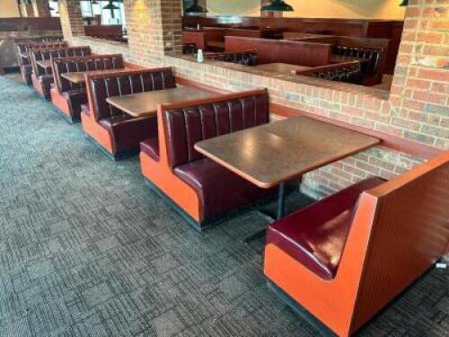 DESCRIPTION: (5) SECTION 42" BOOTH SEATING PACKAGE W/ TABLES. ADDITIONAL INFORMATION (2) END CAPS AND (4) DOUBLES SIZE 42" LOCATION: MAIN SEATING THIS