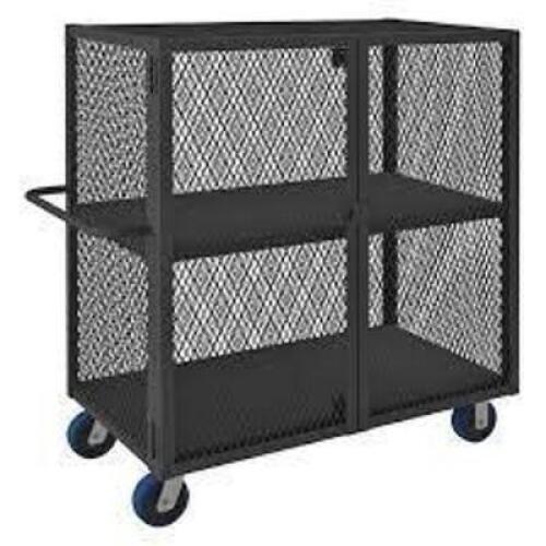 DESCRIPTION: (1) WELDED MESH SECURITY CART WITH ADJUSTABLE SHELVES BRAND/MODEL: DURHAM MFG/HTL-2448-DD3-6PU-95 INFORMATION: DAMAGES, MUST COME INTO IN