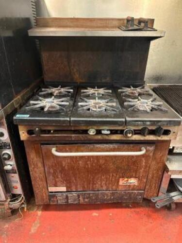 SOUTHBEND SIX BURNER RANGE W/ LOWER OVEN.