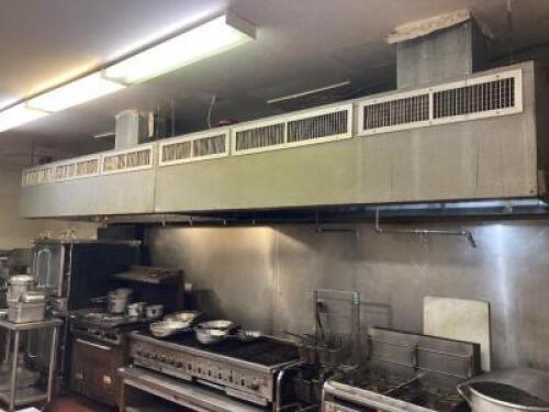 18' GALVANIZED METAL HOOD SYSTEM W/ FIRE SUPPRESSION SYSTEM AND EXHAUST FAN.
