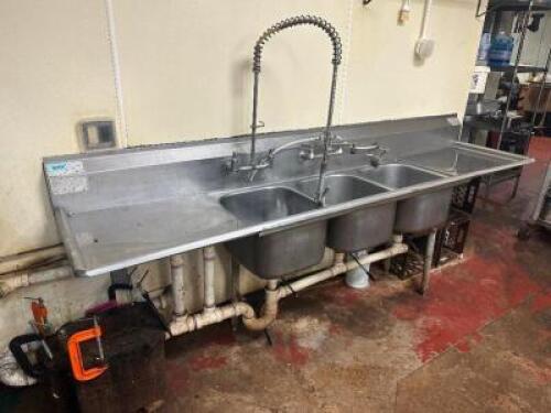 104" THREE WELL STAINLESS POT SINK W/ LEFT AND RIGHT DRY BOARDS.