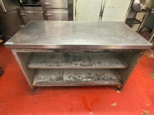 60" X 30" STAINLESS COUNTER W/ LOWER STORAGE. HAS NICE BUTCHER BLOCK TABLE UNDER STAINLESS COVER,.