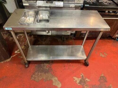 48" X 18" STAINLESS TABLE W/ (2) THIRD PAN CUT OUTS.