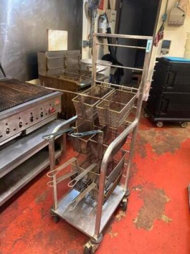 ROLL ABOUT FRY BASKET STAND W/ (3) SETS OF FRYER BASKETS.