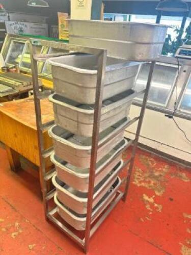 LUG TRAY RACK W/ CONTENTS ( 7) METAL MEAT LUGS.