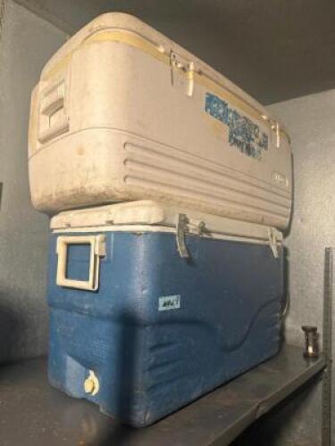(2) ASSORTED PLASTIC COOLER. WHITE AND BLUE