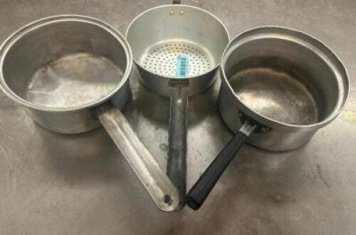 (2) SMALL SAUCE POTS AND (1) STRAINER INSERT.