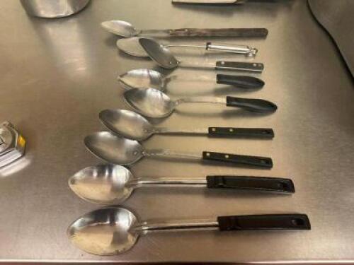 (9) ASSORTED STAINLESS SERVING SPOONS.