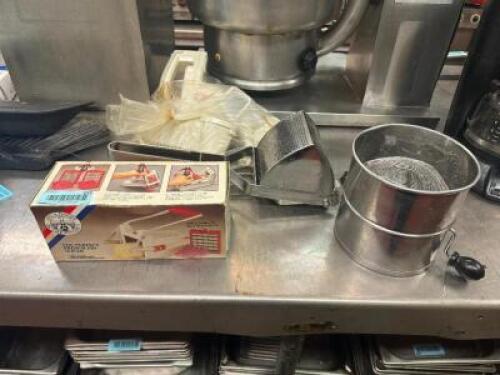 FLOUR SIFTER, CHEESE GRATER, AND VEGETABLE DICER.