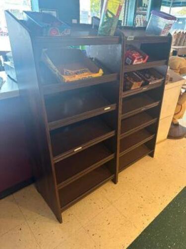 (2) 30" WOODEN BOOK SHELF STYLE RACKS.