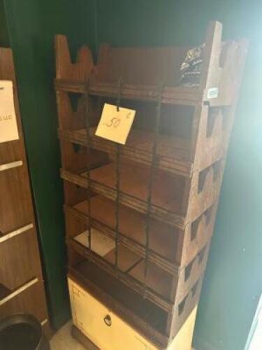 24" VINTAGE WOODEN DISPLAY RACK W/ CHIP CLIP FRONT