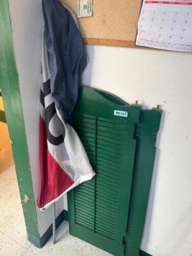 (2) WOOD SWING DOORS AND (1) OPEN FLAG