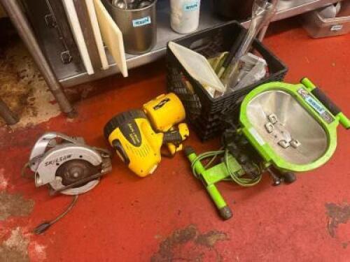 (2) FLASH LIGHTS, (1) SAW, (1) WORK LIGHT, AND MILK CRATE OF MISC.