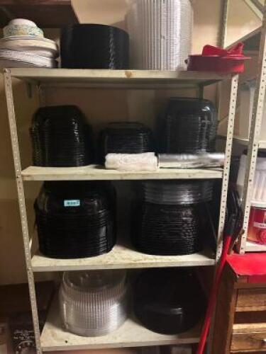 CONTENTS OF SHELF - BLACK PLASTIC DELI TRAYS AND LIDS.