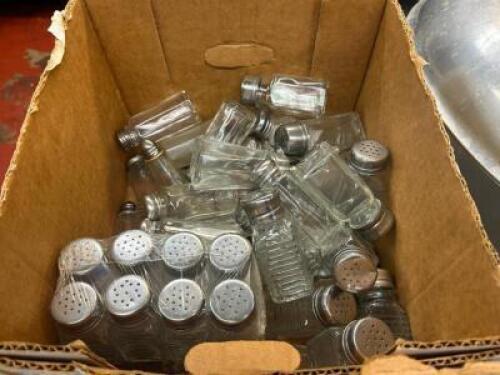 BOX OF ASSORTED GLASS SALT AND PEPPER SHAKERS.