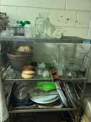CONTENTS OF SHELF - ASSORTMENTS OF METAL, GLASS, AND PLASTIC BOWLS AND CONTAINERS.