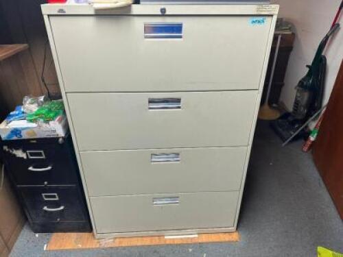 (2) FOUR DRAWER LATERAL FILE CABINETS AND (1) TWO DRAWER BLACK FILE CABINET