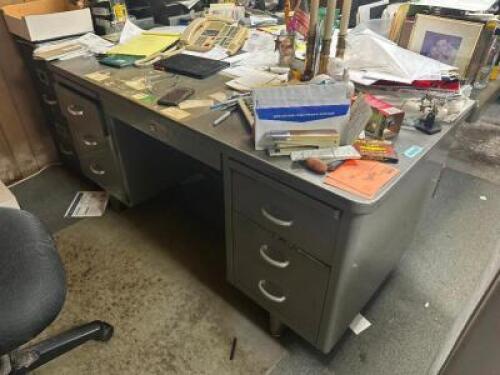(2) 60" METAL DESKS, (2) CHAIRS, (1) 72" METAL CREDENZA.