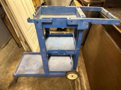 THREE TIER BLUE PLASTIC JANITORIAL CART.