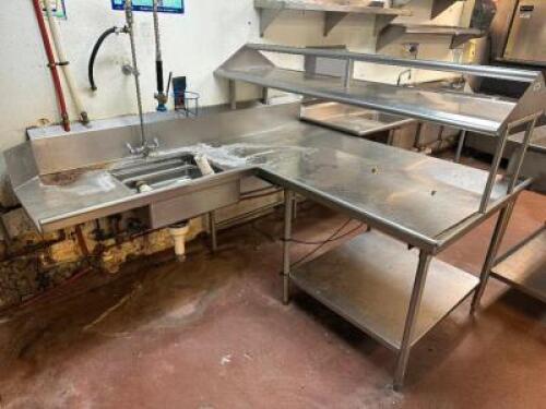 72" X 72" L SHAPED STAINLESS SOIL TABLE W/ RISER AND SPRAY SINK.
