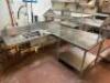 72" X 72" L SHAPED STAINLESS SOIL TABLE W/ RISER AND SPRAY SINK.