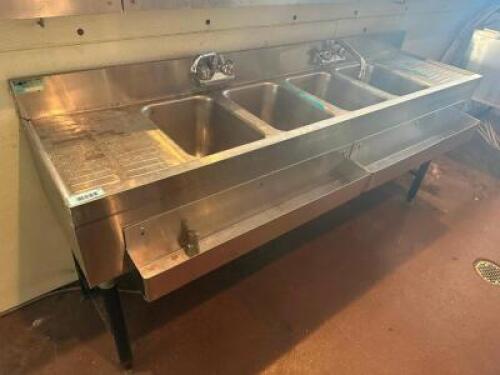 72" FOUR WELL STAINLESS BAR SINK W/ LEFT AND RIGHT DRY BOARDS.