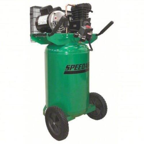 DESCRIPTION: (1) PORTABLE AIR COMPRESSORBRAND/MODEL: SPEEDAIRE #4TW29CINFORMATION: GREEN, 2HP, 5.5CFM @ 90PSISIZE: 20 GALRETAIL$: $854.61 EAQTY: 1